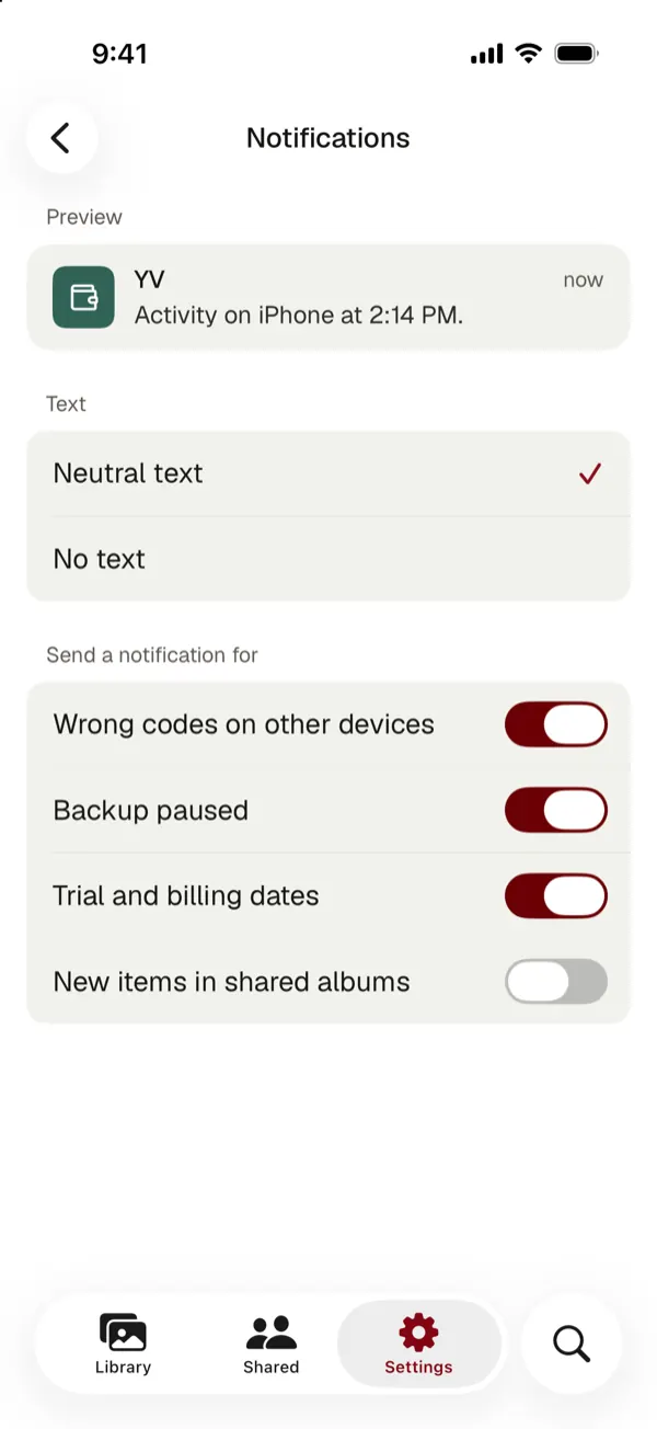 York Vault notification settings with a preview that says only Activity on iPhone at 2:14 PM, and neutral text selected