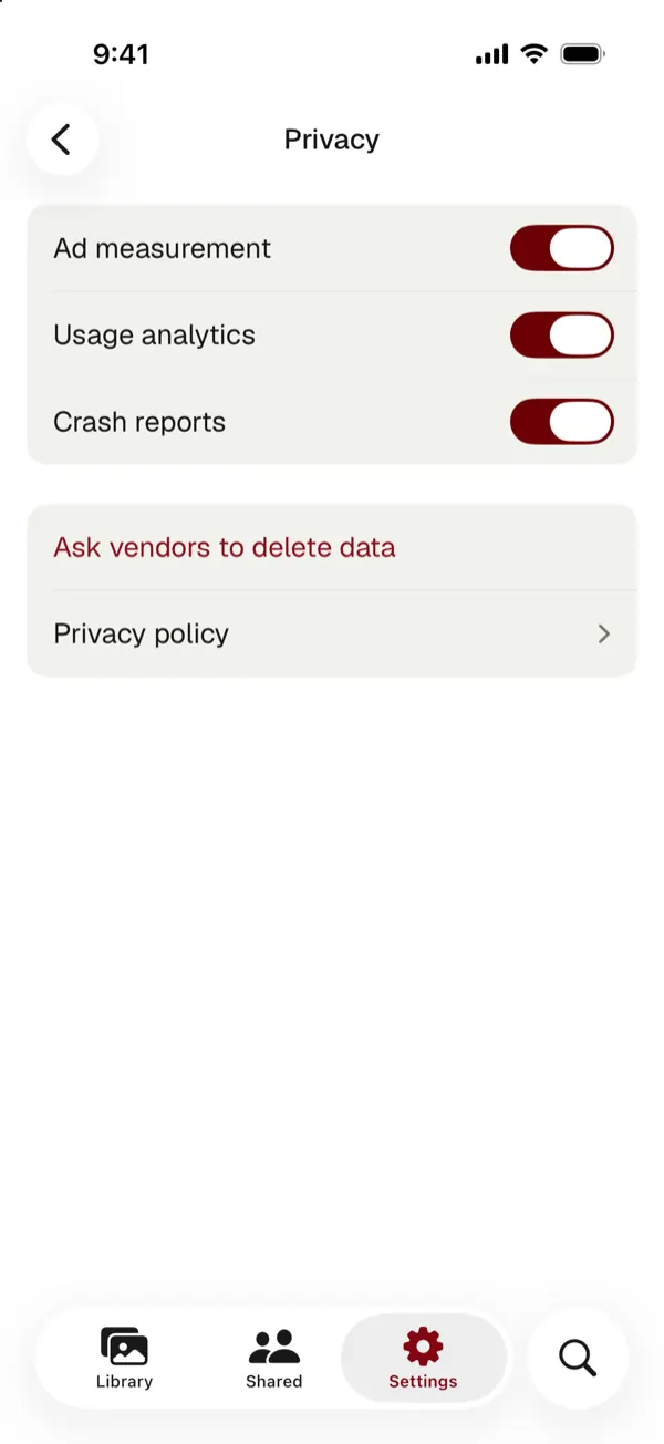 York Vault privacy settings with switches for ad measurement, usage analytics and crash reports, and a row to ask vendors to delete data