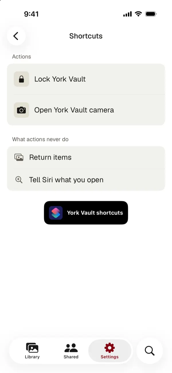 Shortcuts settings: lock York Vault and open the camera, and what actions never do