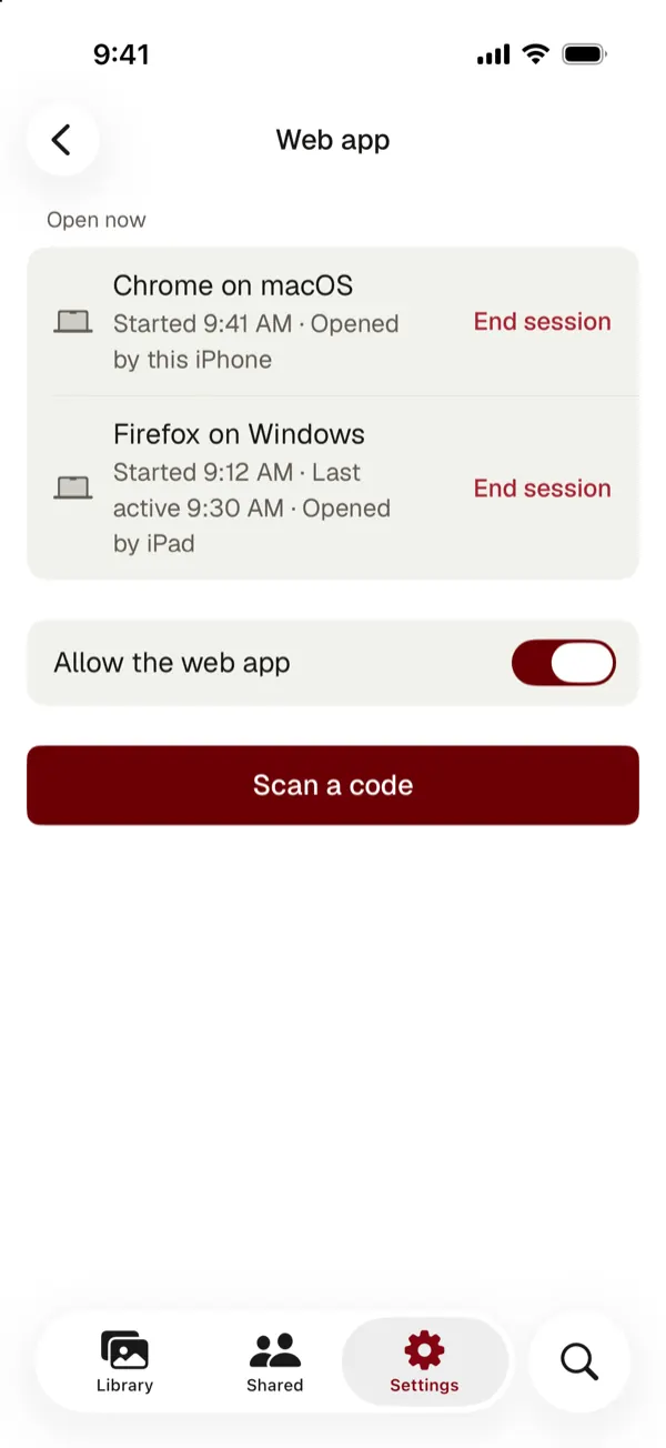 Web app settings with two open browser sessions, each with End session, and a switch to allow the web app