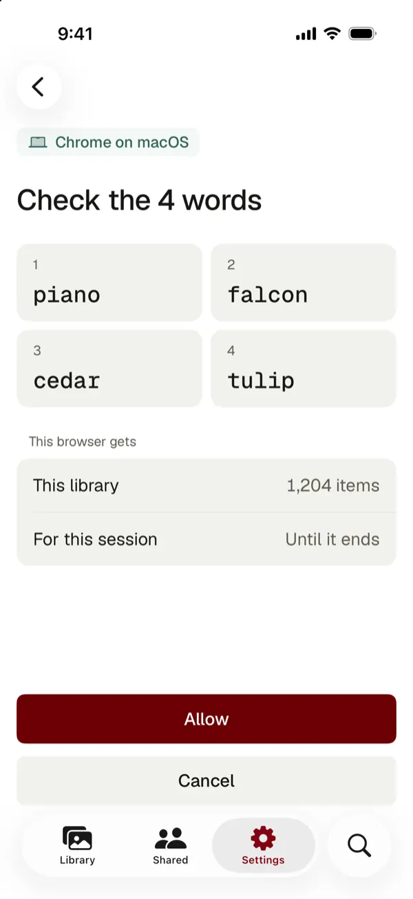 A check of 4 words shown in the browser before the phone allows the session
