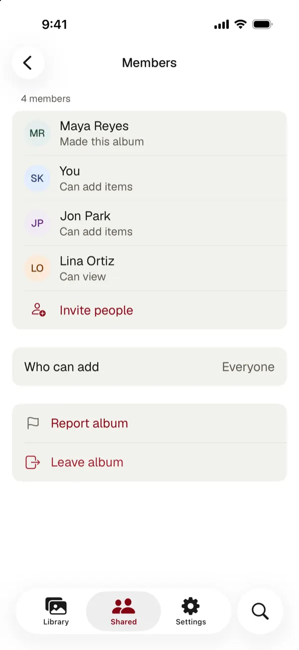 The members of a shared album and what each can do, with Invite people, Who can add, Report album and Leave album