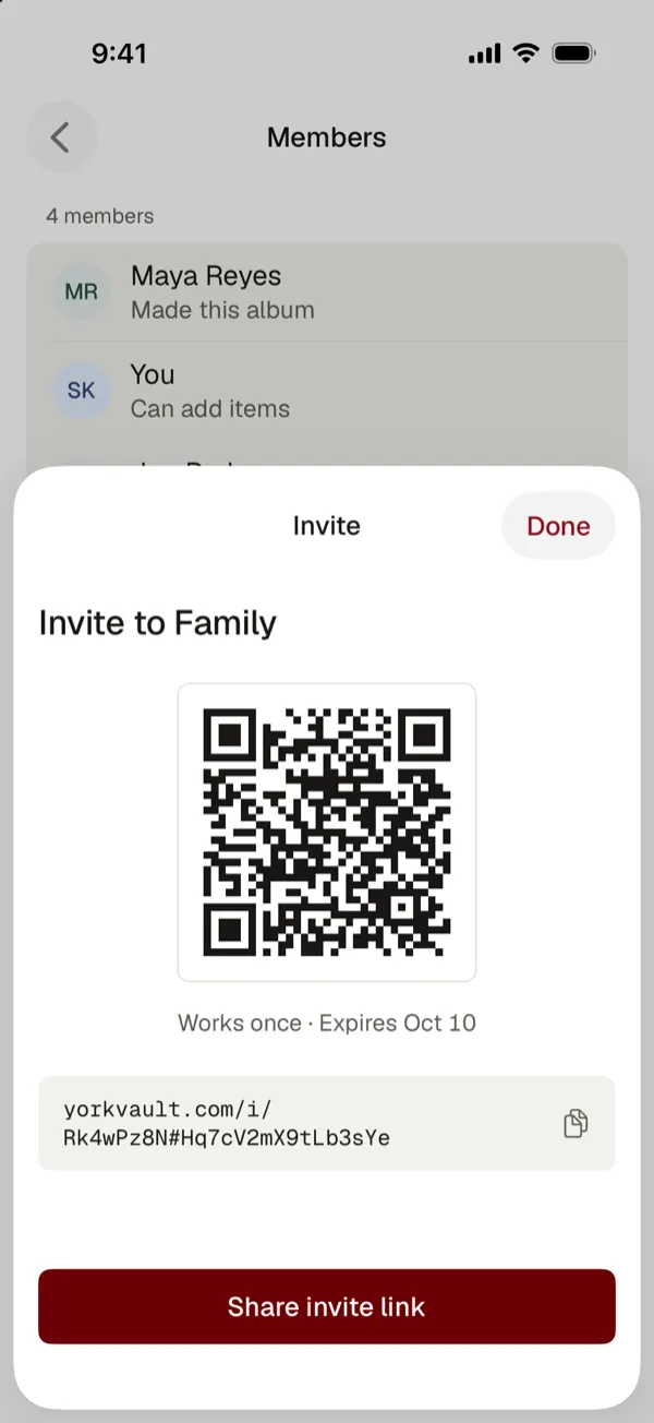 Invite to an album: a QR code that works once and expires, and an invite link to share