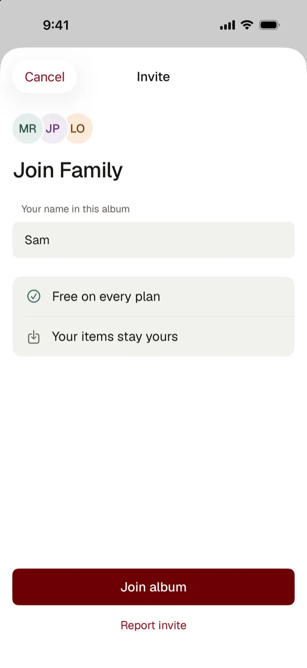 Join an album: your name in the album, free on every plan, your items stay yours