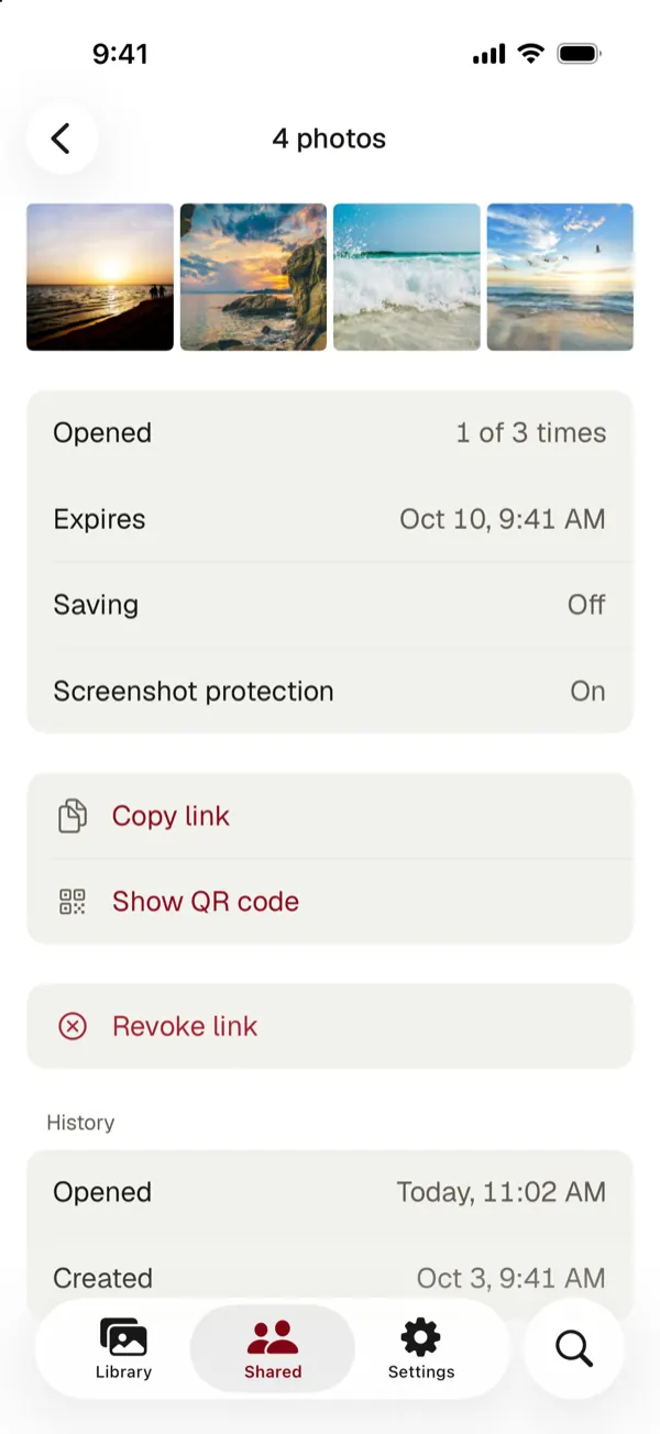 Link details: opened 1 of 3 times, expiry, copy link, show QR code, revoke link and history