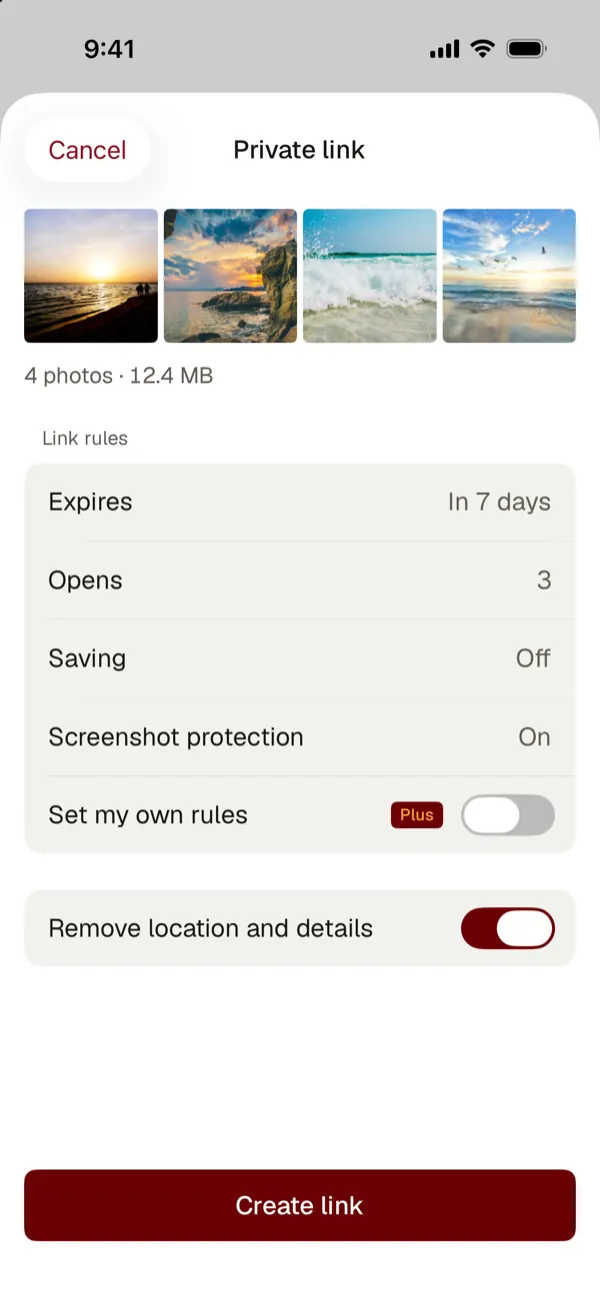 New private link: expires in 7 days, 3 opens, saving off, screenshot protection on, remove location and details