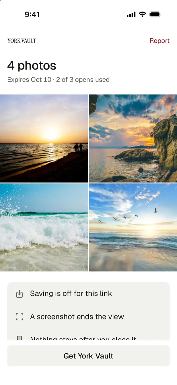 The shared photos as the other person sees them, with expiry, opens used, saving off and a note that a screenshot ends the view