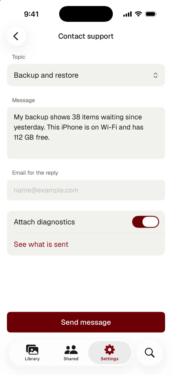 Contact support with a topic, a message, an optional email for the reply and Attach diagnostics