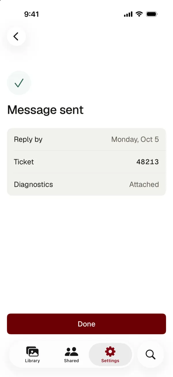 Message sent, with the reply date, a ticket number and diagnostics attached