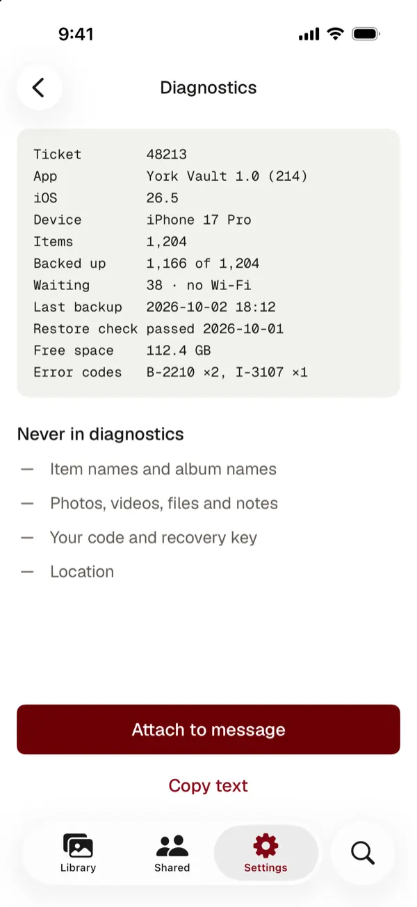 A diagnostics report with app version, item counts, backup state and error codes, and what is never in diagnostics