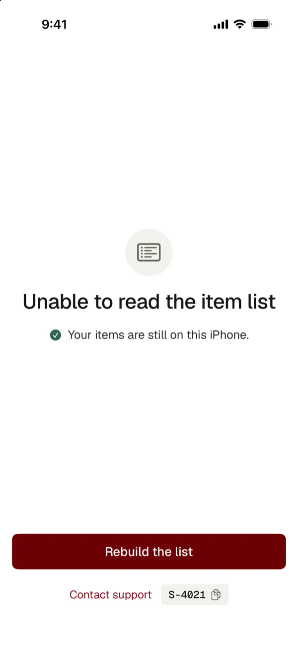 An error screen: Unable to read the item list, your items are still on this iPhone, with Rebuild the list and error code S-4021
