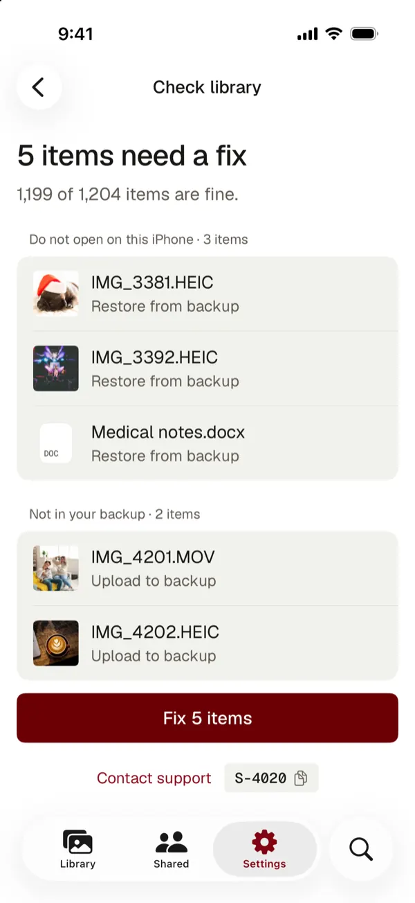 5 items need a fix: 3 restore from backup, 2 upload to backup, 1,199 items fine