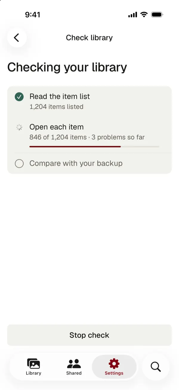 Checking your library: item list read, 846 of 1,204 items opened, 3 problems so far