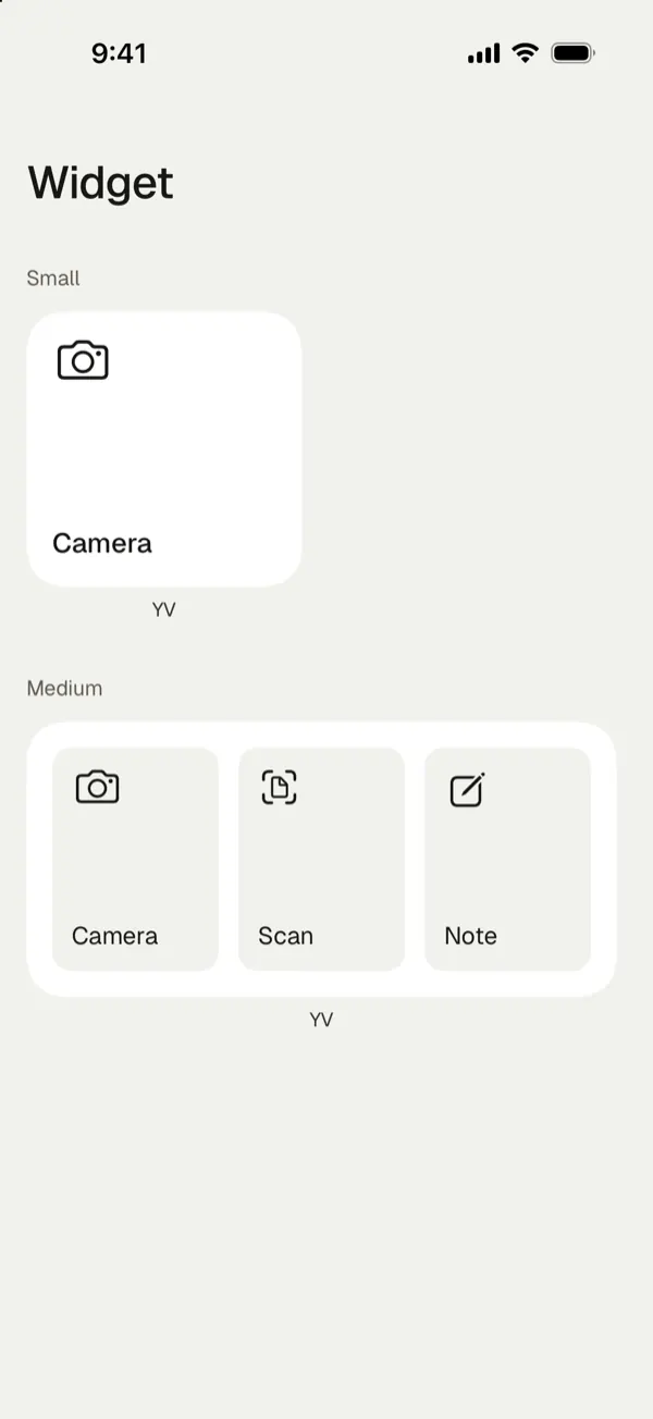 The York Vault widgets: a small camera widget and a medium widget with camera, scan and note, labeled YV