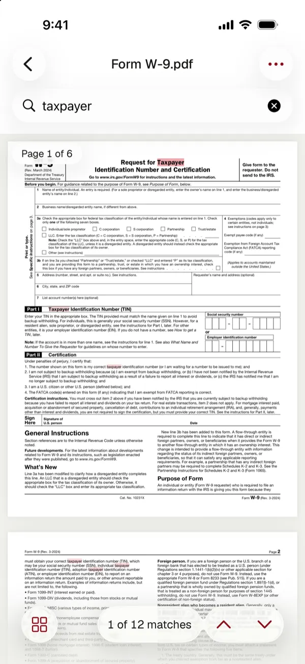 A PDF form open in York Vault with a search for a word and 1 of 12 matches