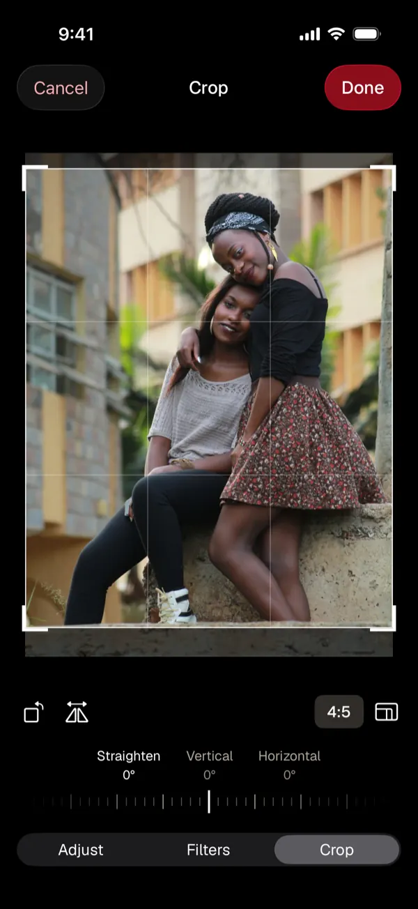 The York Vault photo editor in crop mode with straighten, vertical and horizontal controls