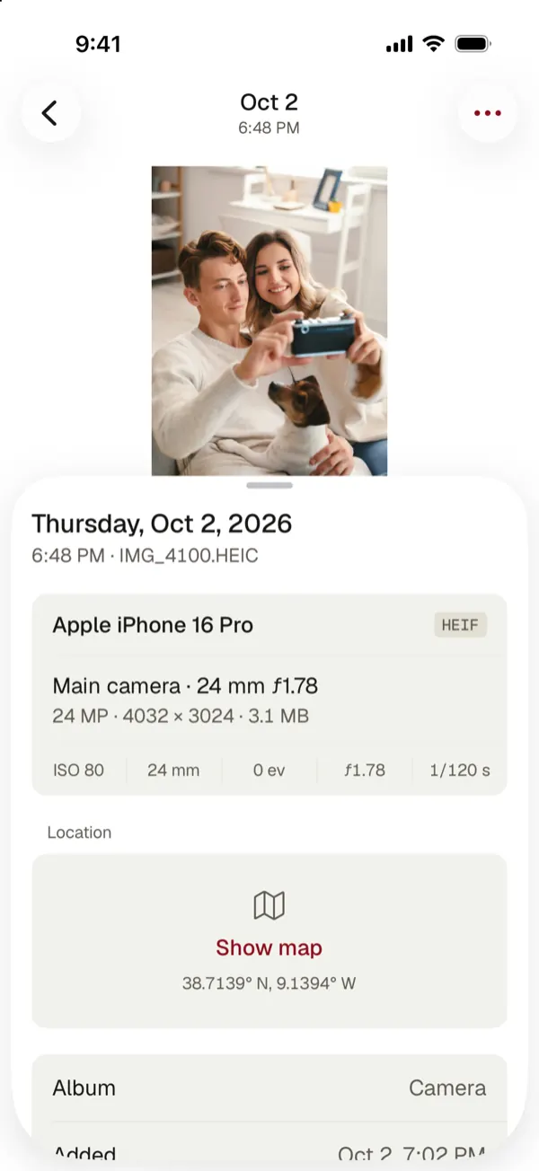 Photo details: the capture date and time, file name, camera and location
