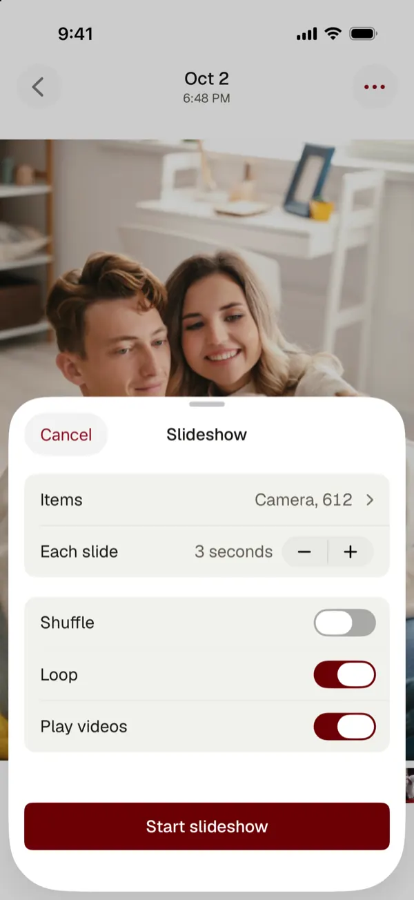 Slideshow options: items from the Camera album, 3 seconds per slide, shuffle, loop and play videos